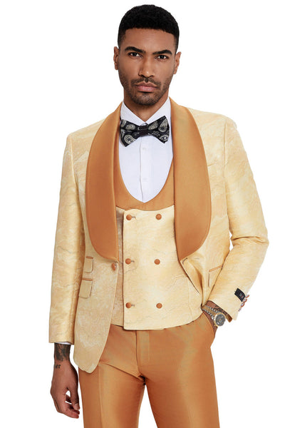 Men's Slim Fit Vested Wedding & Prom Shawl Lapel Paisley Tuxedo in Gold