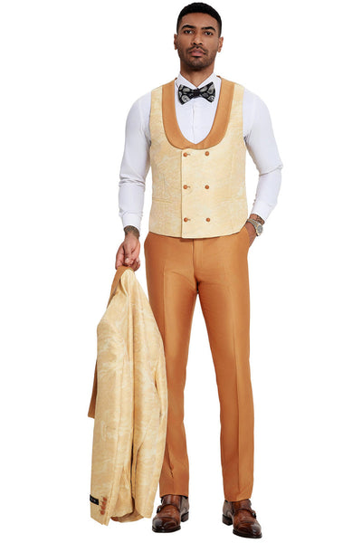 Men's Slim Fit Vested Wedding & Prom Shawl Lapel Paisley Tuxedo in Gold