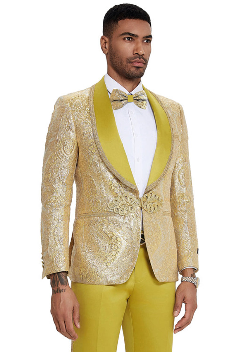 Men's One Button Shawl Lapel Wedding & Prom Tuxedo in Shiny Gold Paisley