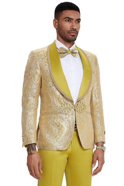 Men's One Button Shawl Lapel Wedding & Prom Tuxedo in Shiny Gold Paisley