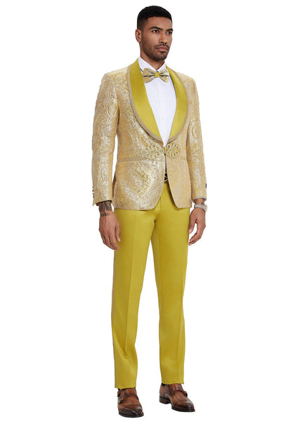 Men's One Button Shawl Lapel Wedding & Prom Tuxedo in Shiny Gold Paisley