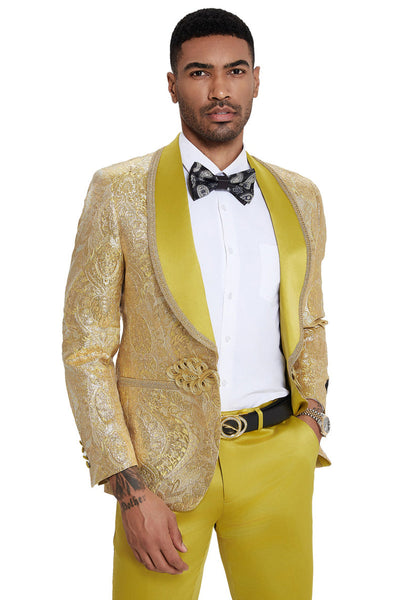 Men's One Button Shawl Lapel Wedding & Prom Tuxedo in Shiny Gold Paisley