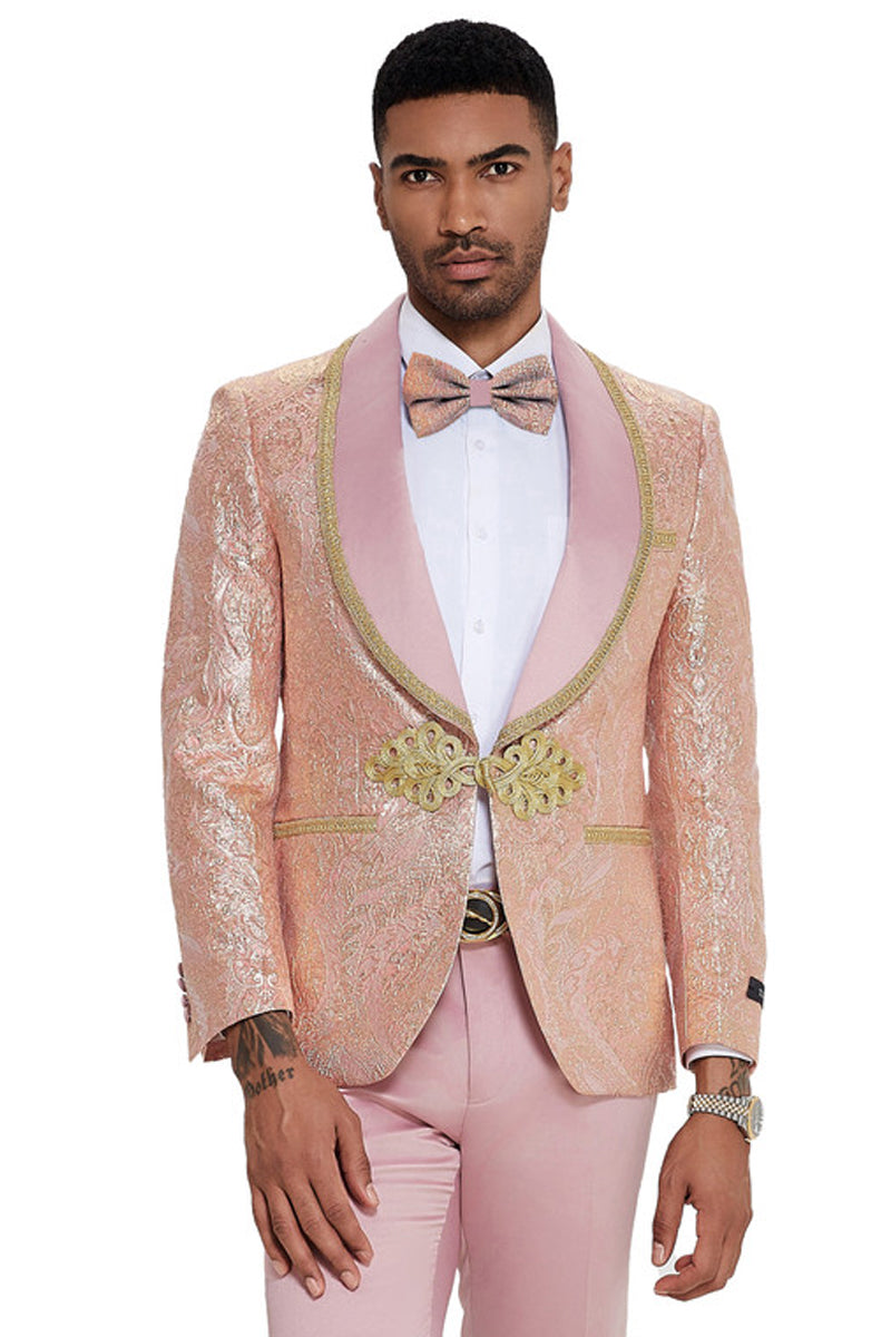 Men's One Button Shawl Lapel Wedding & Prom Tuxedo in Shiny Pink Paisley