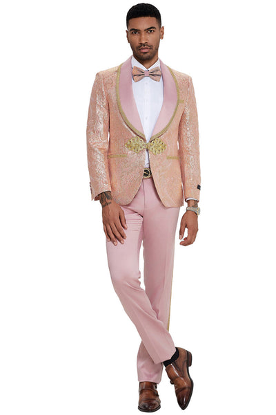 Men's One Button Shawl Lapel Wedding & Prom Tuxedo in Shiny Pink Paisley