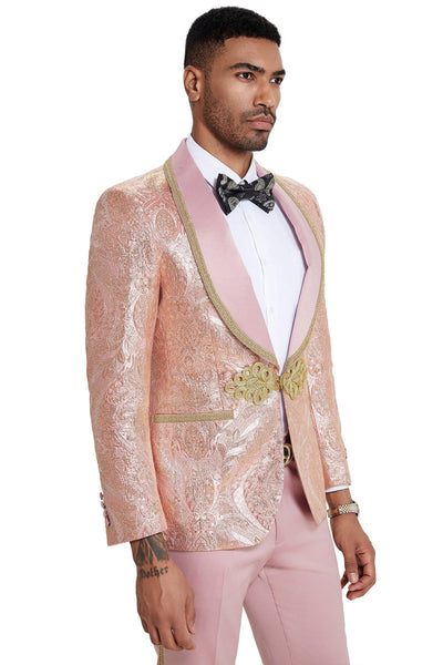 Men's One Button Shawl Lapel Wedding & Prom Tuxedo in Shiny Pink Paisley