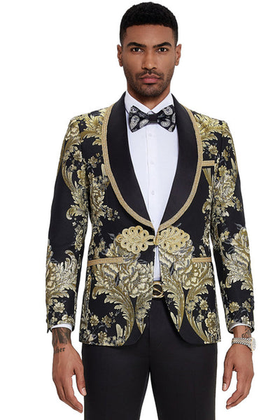 Men's One Button Shawl Lapel Wedding & Prom Tuxedo in Shiny Black Paisley