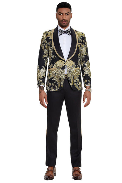 Men's One Button Shawl Lapel Wedding & Prom Tuxedo in Shiny Black Paisley