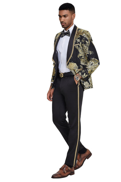 Men's One Button Shawl Lapel Wedding & Prom Tuxedo in Shiny Black Paisley