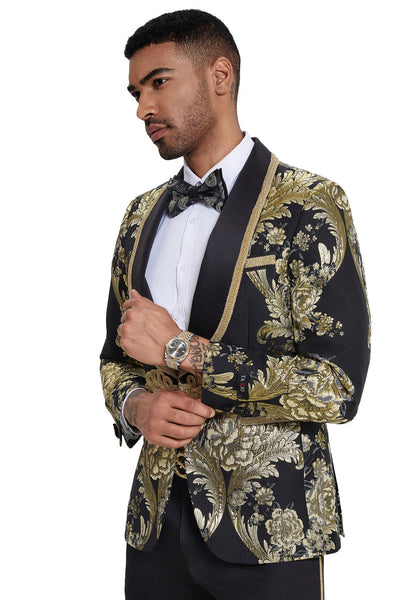 Men's One Button Shawl Lapel Wedding & Prom Tuxedo in Shiny Black Paisley