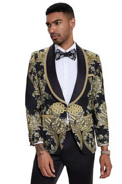 Men's One Button Shawl Lapel Wedding & Prom Tuxedo in Shiny Black Paisley