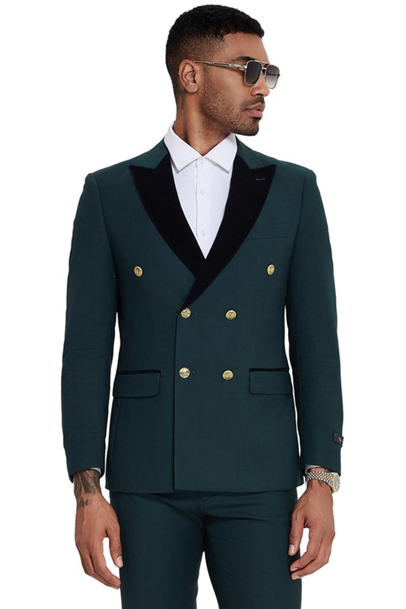 Men's Double Breasted Wedding Suit with Velvet Peak Lapel and Gold Buttons in Dark Green