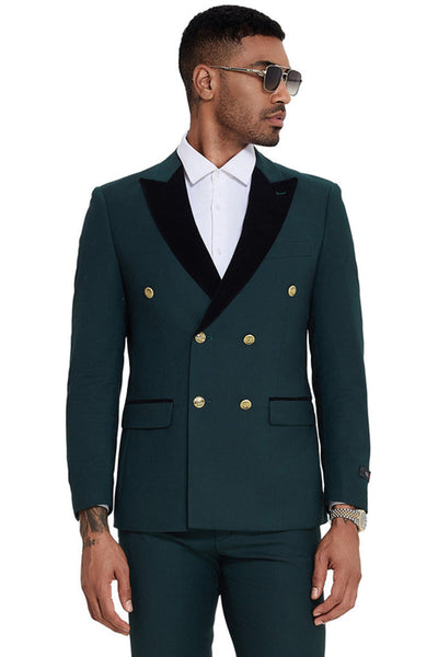 Men's Double Breasted Wedding Suit with Velvet Peak Lapel and Gold Buttons in Dark Green