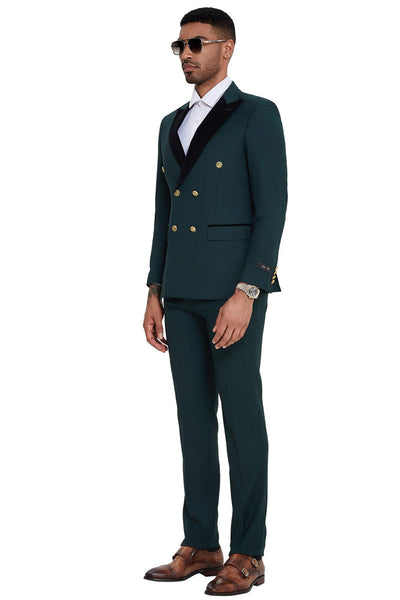 Men's Double Breasted Wedding Suit with Velvet Peak Lapel and Gold Buttons in Dark Green