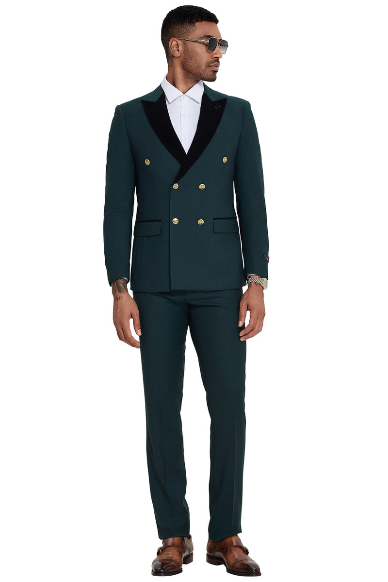 Men's Double Breasted Wedding Suit with Velvet Peak Lapel and Gold Buttons in Dark Green