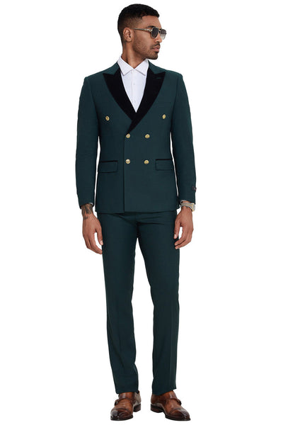 Men's Double Breasted Wedding Suit with Velvet Peak Lapel and Gold Buttons in Dark Green