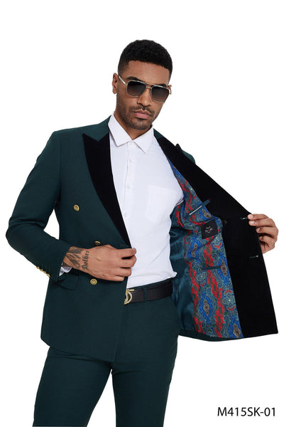 Men's Double Breasted Wedding Suit with Velvet Peak Lapel and Gold Buttons in Dark Green