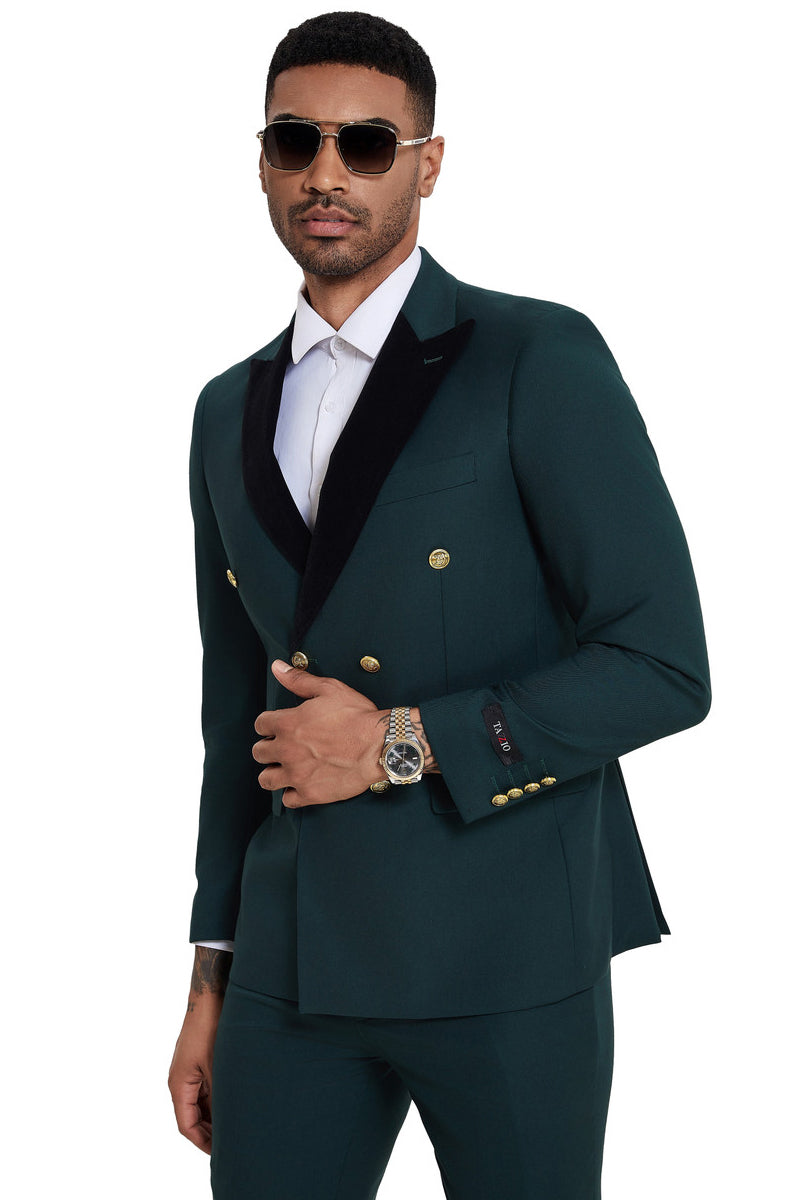 Men's Double Breasted Wedding Suit with Velvet Peak Lapel and Gold Buttons in Dark Green