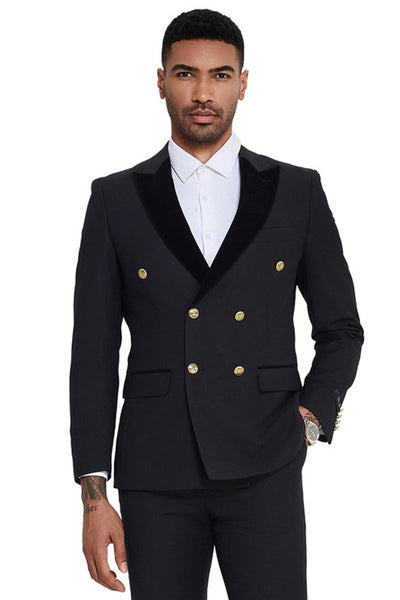 Men's Double Breasted Wedding Suit with Velvet Peak Lapel and Gold Buttons in Black