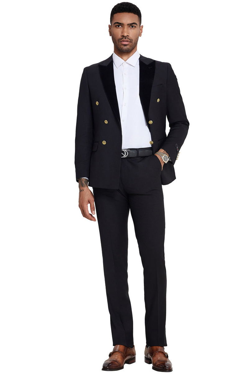 Men's Double Breasted Wedding Suit with Velvet Peak Lapel and Gold Buttons in Black