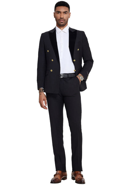 Men's Double Breasted Wedding Suit with Velvet Peak Lapel and Gold Buttons in Black