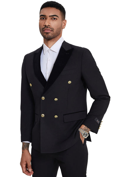 Men's Double Breasted Wedding Suit with Velvet Peak Lapel and Gold Buttons in Black