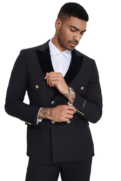 Men's Double Breasted Wedding Suit with Velvet Peak Lapel and Gold Buttons in Black
