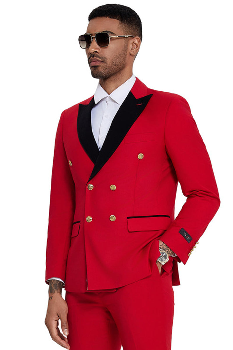 Men's Double Breasted Wedding Suit with Velvet Peak Lapel and Gold Buttons in Red