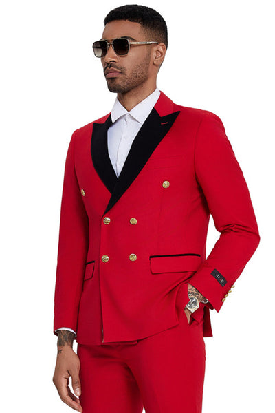 Men's Double Breasted Wedding Suit with Velvet Peak Lapel and Gold Buttons in Red