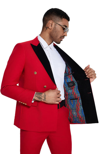 Men's Double Breasted Wedding Suit with Velvet Peak Lapel and Gold Buttons in Red