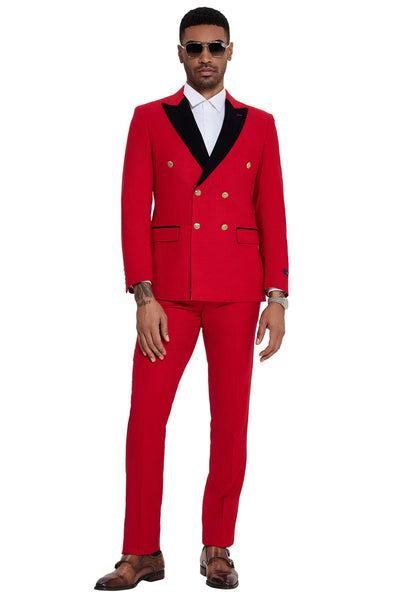Men's Double Breasted Wedding Suit with Velvet Peak Lapel and Gold Buttons in Red