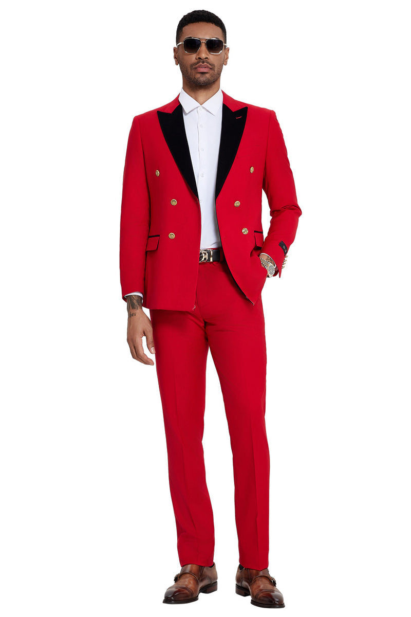 Men's Double Breasted Wedding Suit with Velvet Peak Lapel and Gold Buttons in Red
