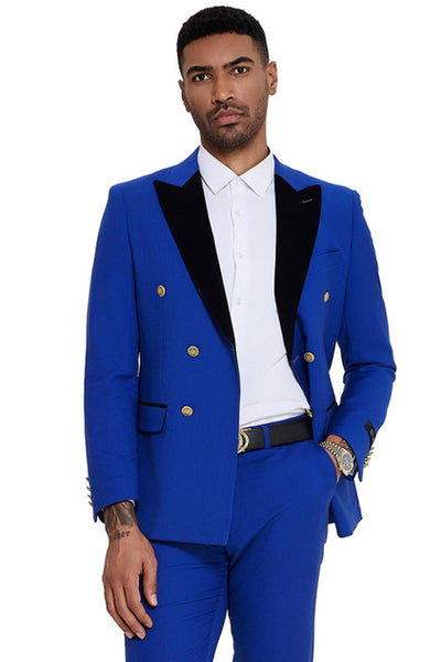 Men's Double Breasted Wedding Suit with Velvet Peak Lapel and Gold Buttons in Royal Blue
