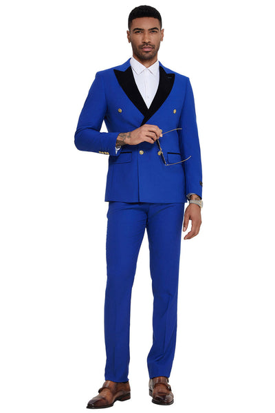 Men's Double Breasted Wedding Suit with Velvet Peak Lapel and Gold Buttons in Royal Blue