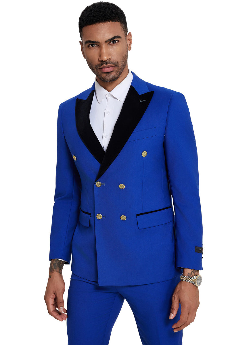 Men's Double Breasted Wedding Suit with Velvet Peak Lapel and Gold Buttons in Royal Blue