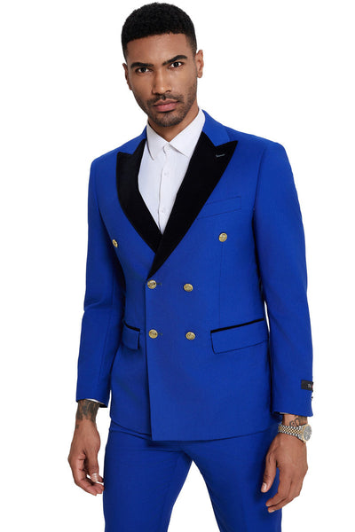 Men's Double Breasted Wedding Suit with Velvet Peak Lapel and Gold Buttons in Royal Blue