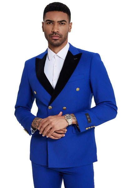 Men's Double Breasted Wedding Suit with Velvet Peak Lapel and Gold Buttons in Royal Blue