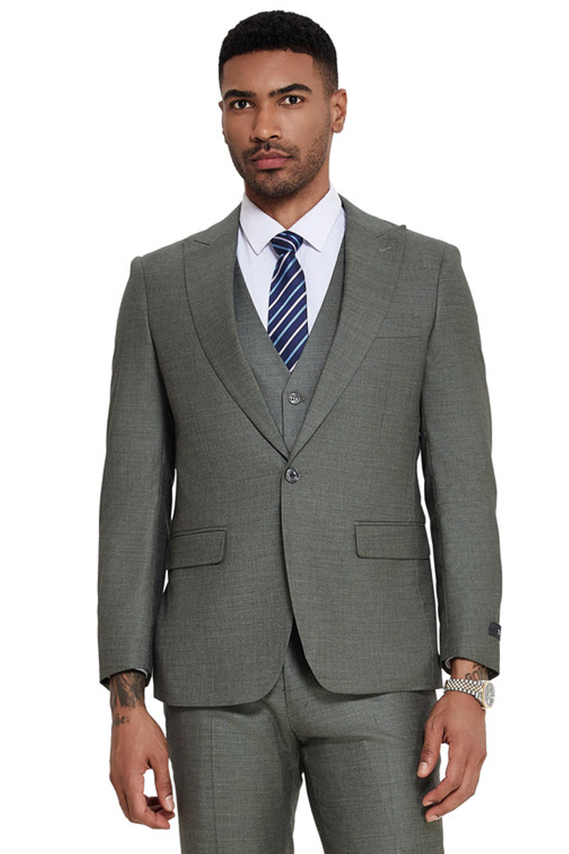 Men's One Button Wide Peak Lapel Vested Slim Fit Suit in Sage Green