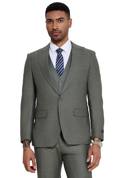 Men's One Button Wide Peak Lapel Vested Slim Fit Suit in Sage Green