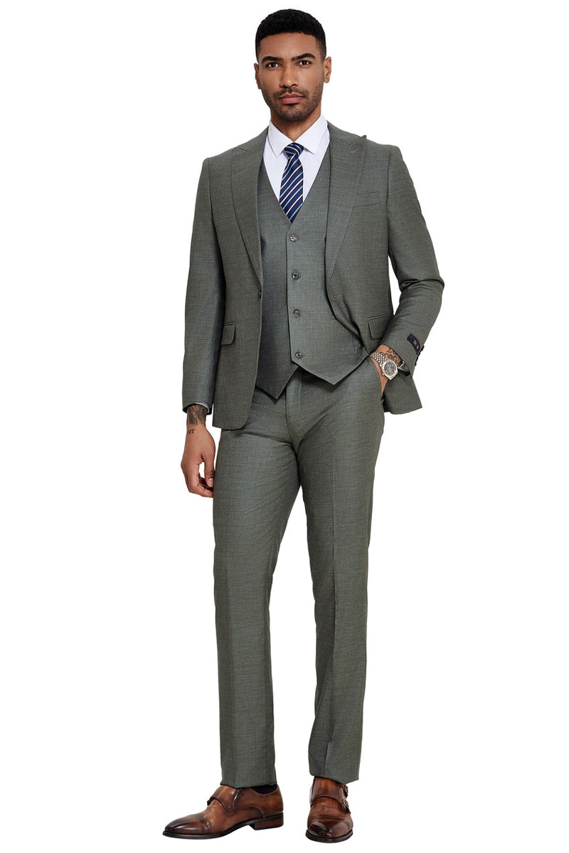 Men's One Button Wide Peak Lapel Vested Slim Fit Suit in Sage Green