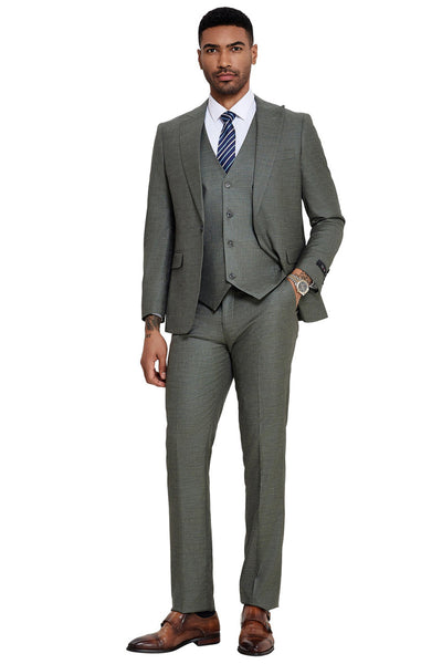 Men's One Button Wide Peak Lapel Vested Slim Fit Suit in Sage Green