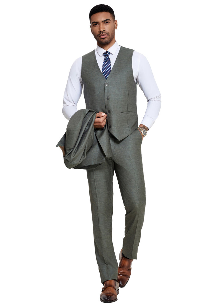 Men's One Button Wide Peak Lapel Vested Slim Fit Suit in Sage Green