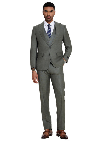 Men's One Button Wide Peak Lapel Vested Slim Fit Suit in Sage Green
