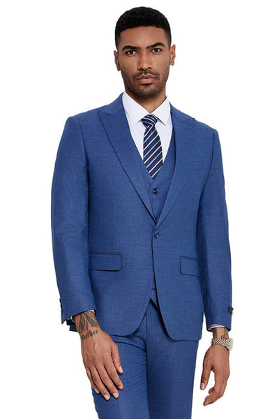 Men's One Button Wide Peak Lapel Vested Slim Fit Suit in French Blue