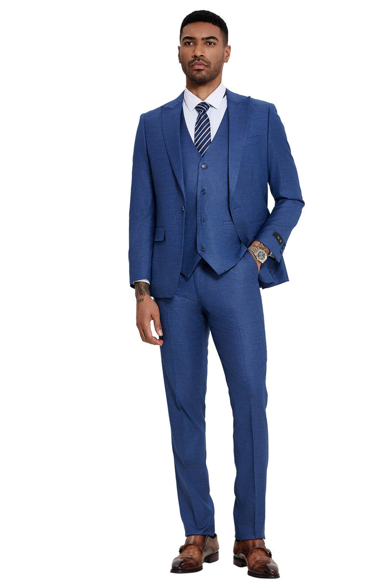Men's One Button Wide Peak Lapel Vested Slim Fit Suit in French Blue