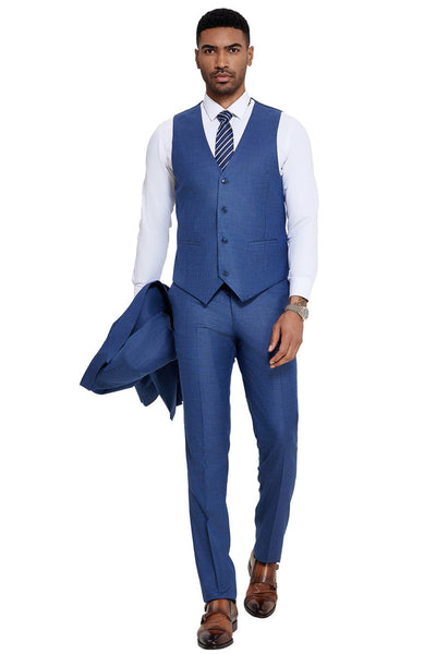 Men's One Button Wide Peak Lapel Vested Slim Fit Suit in French Blue