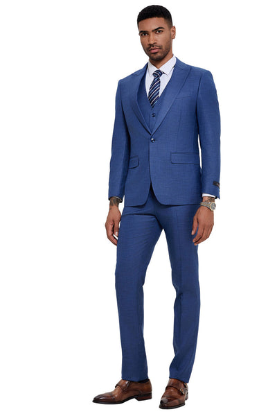 Men's One Button Wide Peak Lapel Vested Slim Fit Suit in French Blue