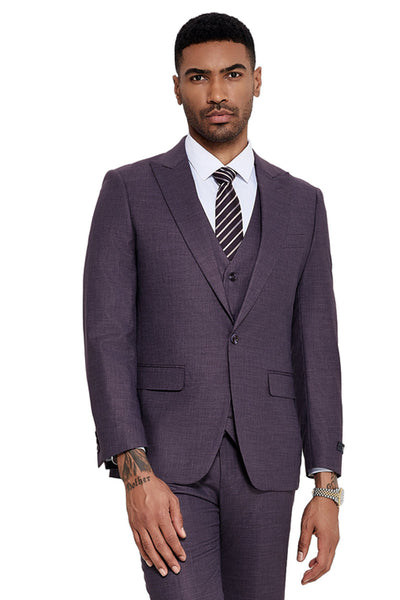 Men's One Button Wide Peak Lapel Vested Slim Fit Suit in Eggplant Purple