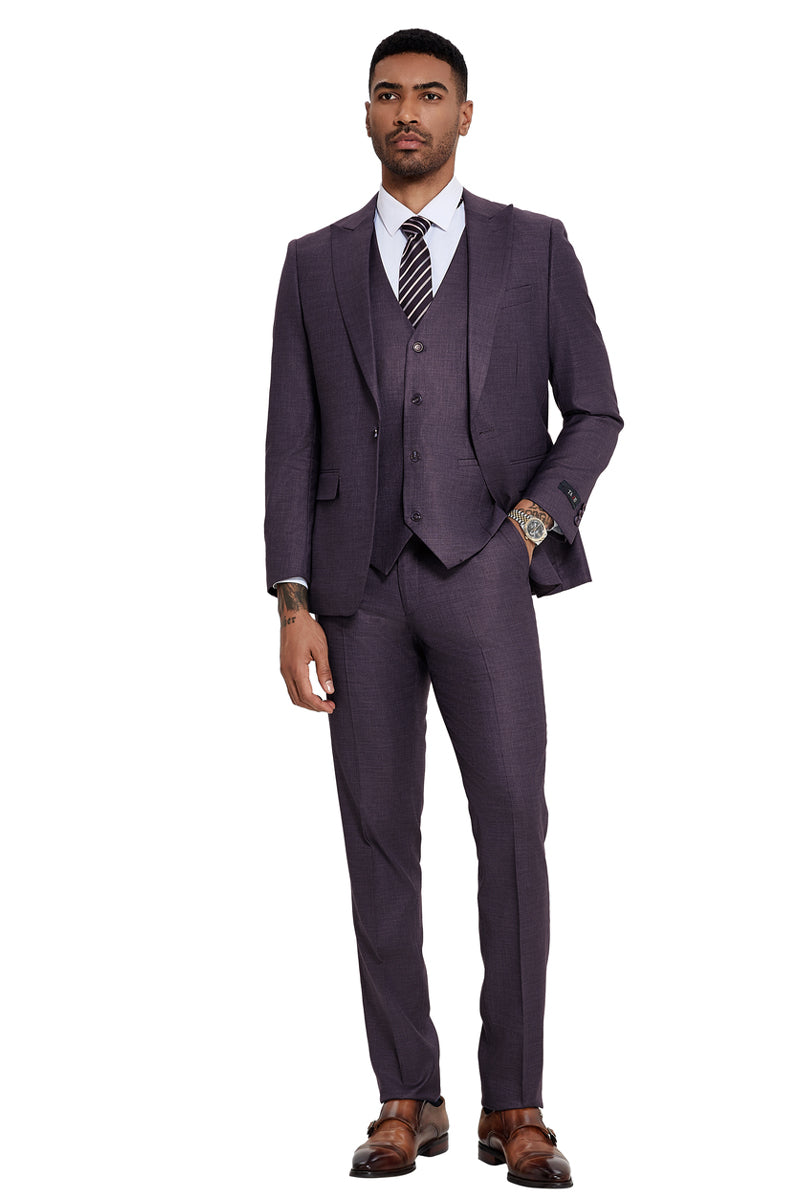 Men's One Button Wide Peak Lapel Vested Slim Fit Suit in Eggplant Purple
