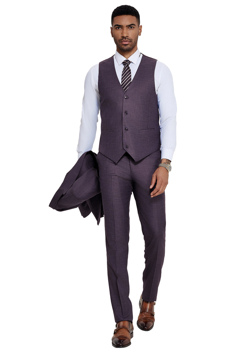 Men's One Button Wide Peak Lapel Vested Slim Fit Suit in Eggplant Purple