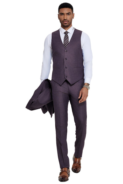 Men's One Button Wide Peak Lapel Vested Slim Fit Suit in Eggplant Purple